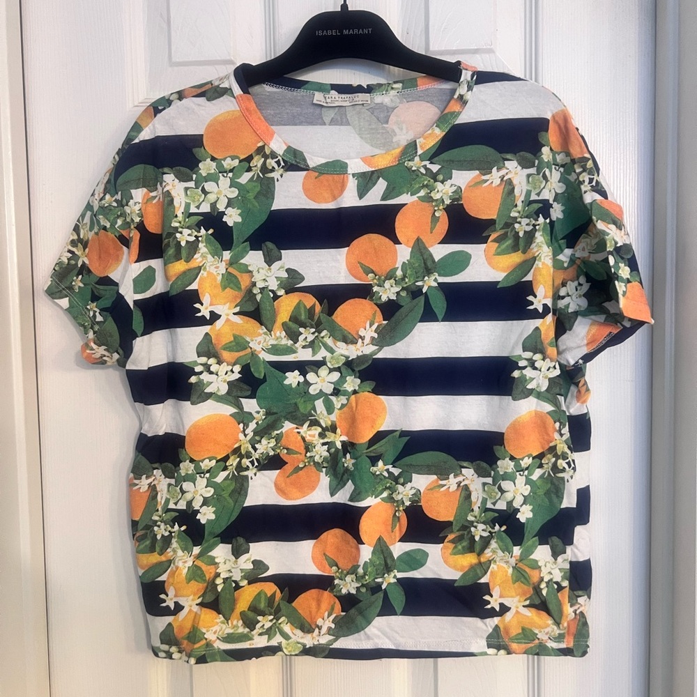 Zara Orange 🍊 Blossoms Striped Floral Women's Top Size Small